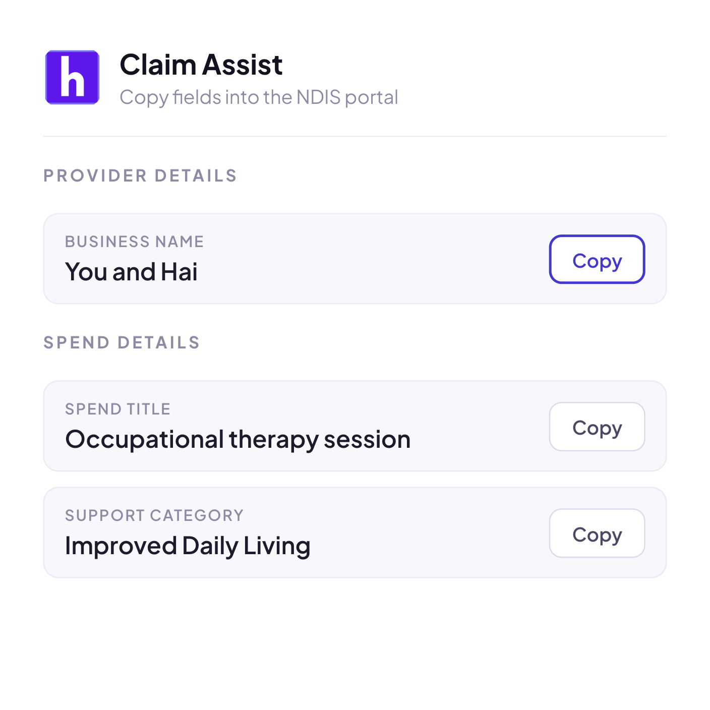 Claim Assist screen showing provider and spend details ready to copy into the NDIS portal