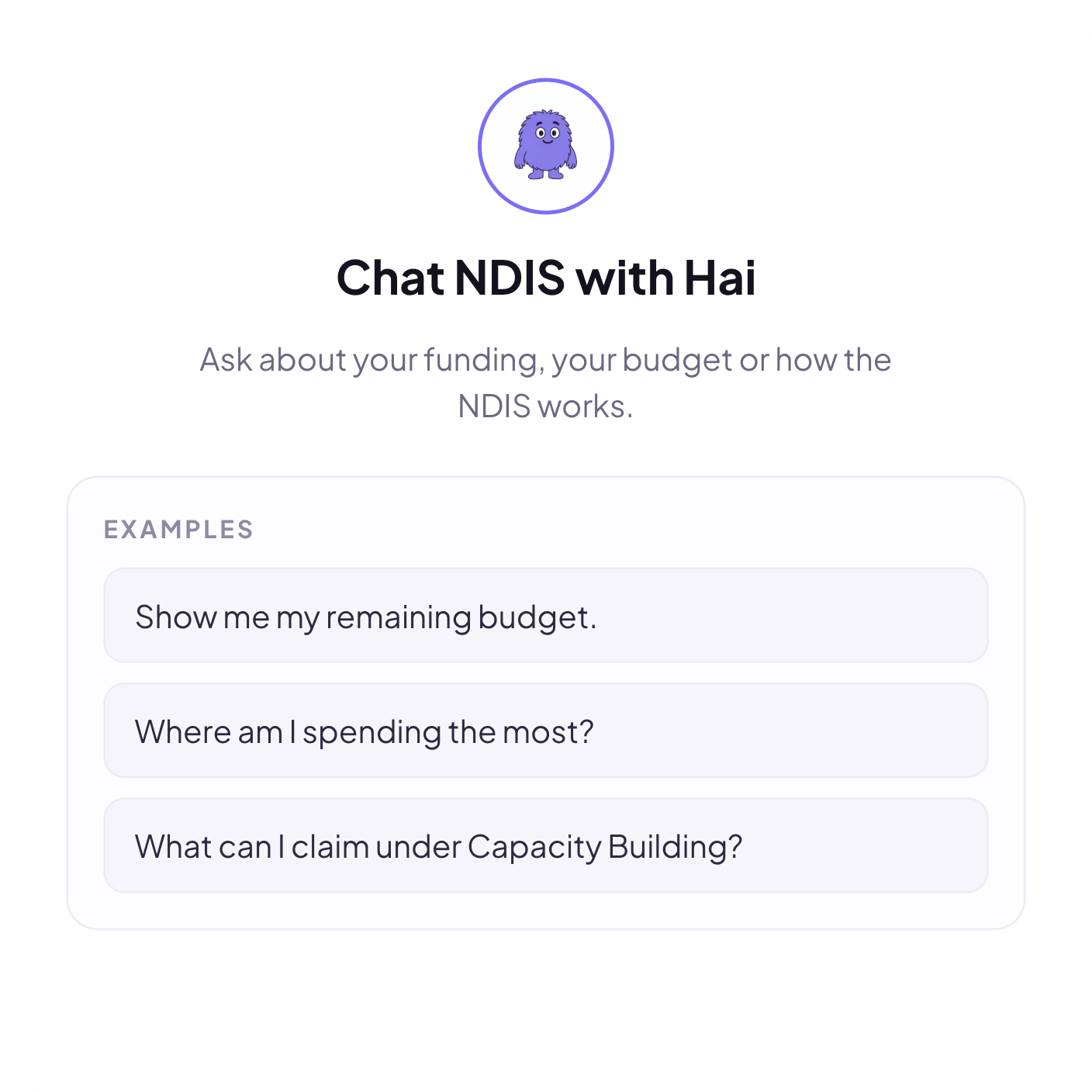 Chat NDIS with Hai screen showing example questions about funding and budgets